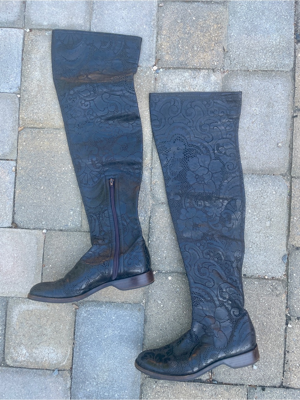 Vintage 90s Donna Karan Black Floral-Leather Perforated Over the Knee Boots.
